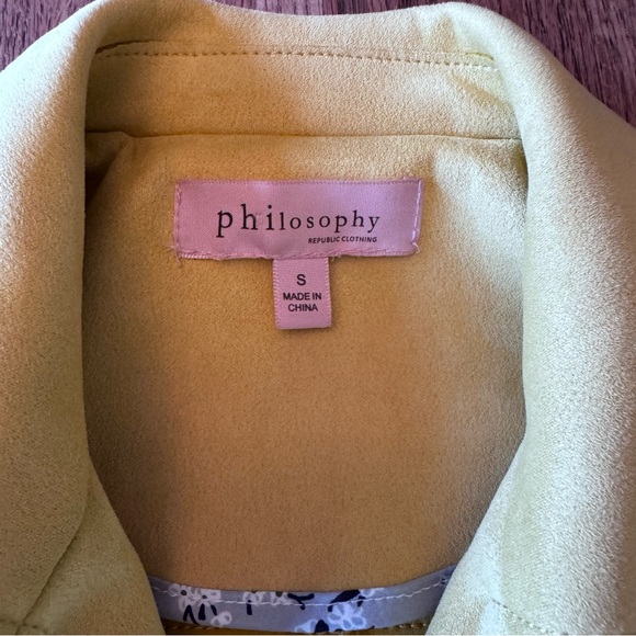 Philosophy Women’s Sz S Mustard Yellow Open Front Faux Leather Jacket Moto Style - Picture 5 of 10